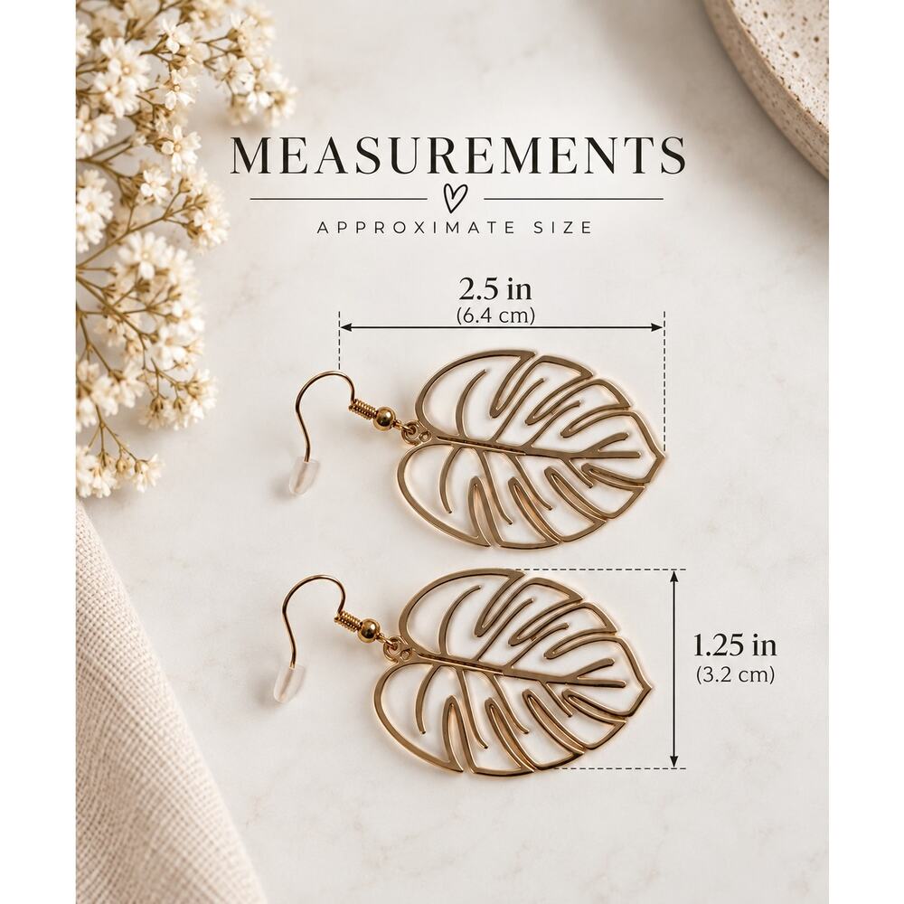 Monstera Leaf Jewelry Set 🌿 Gold Earrings + Ring Size 7 - Picture 5 of 11